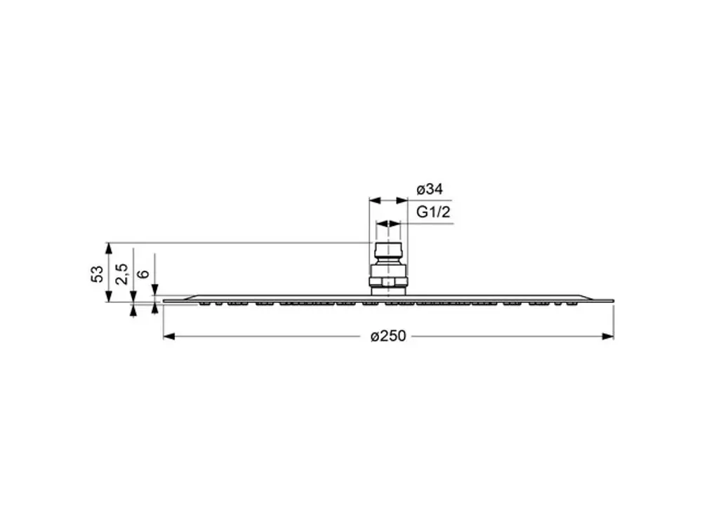 Scheibenscharnier von Ideal Standard, mit einem Durchmesser von 250 mm und einer Höhe von 53 mm, zeigt Maße und Anschlussdetails für Installation.
